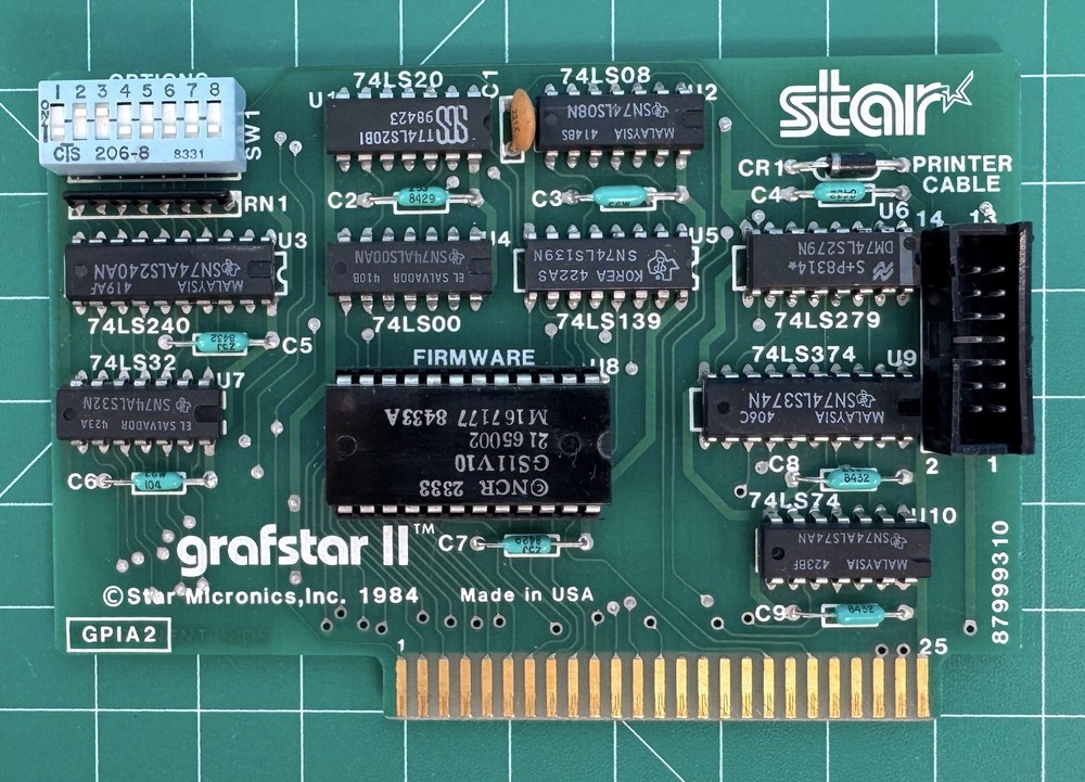 Grafstar II Parallel Printer Card by Star Micronics for Apple II Computers 1984