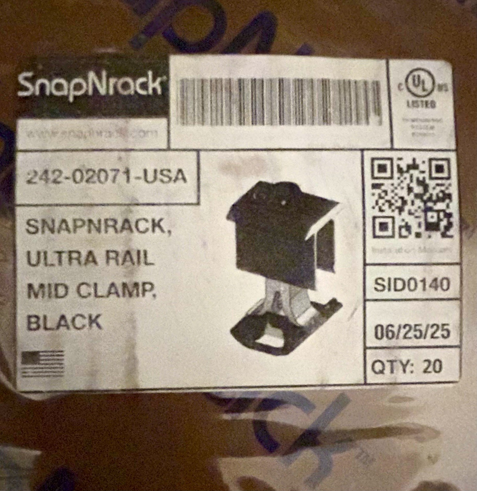 SNAPNRACK 242-02071 ULTRARAIL MID CLAMP ALUMINUM BLACK 20 pack