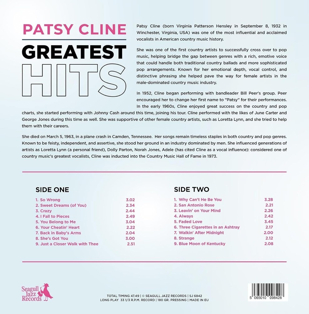 Patsy Cline - Greatest Hits LP 12" Colored Vinyl Record - Limited Edition