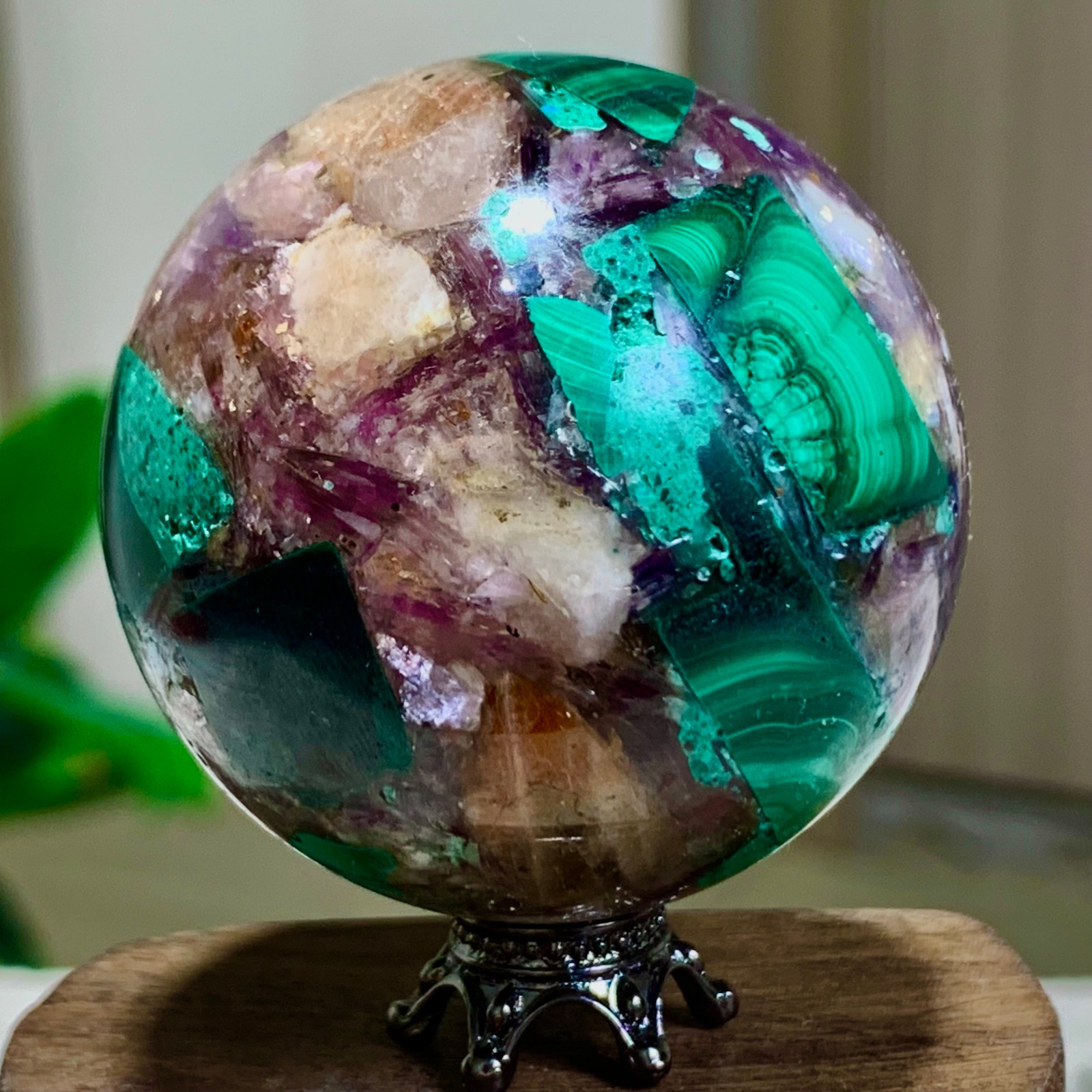 129G Newly discovered rare malachite purple mica symbiotic sphere restoration