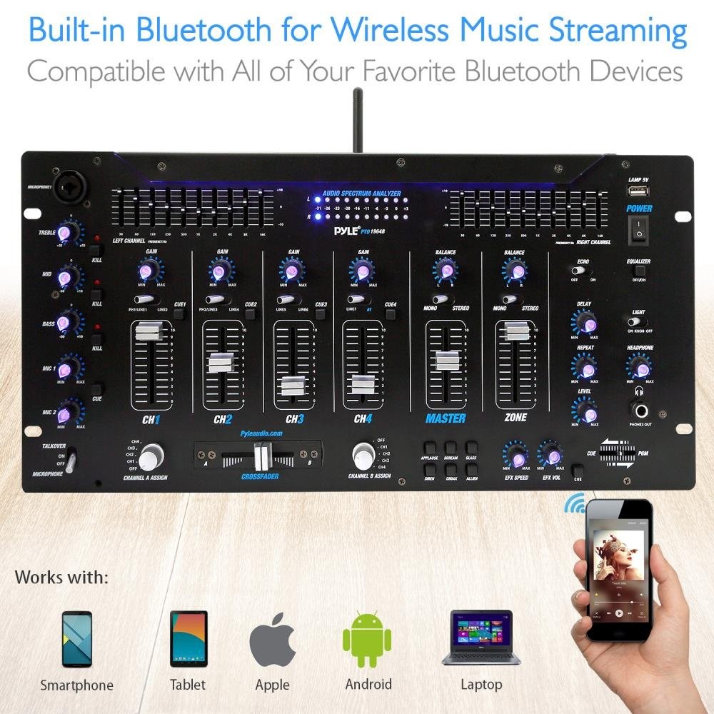 Pyle 6 Channel Mixer DJ Controller with Bluetooth, Professional Sound Black