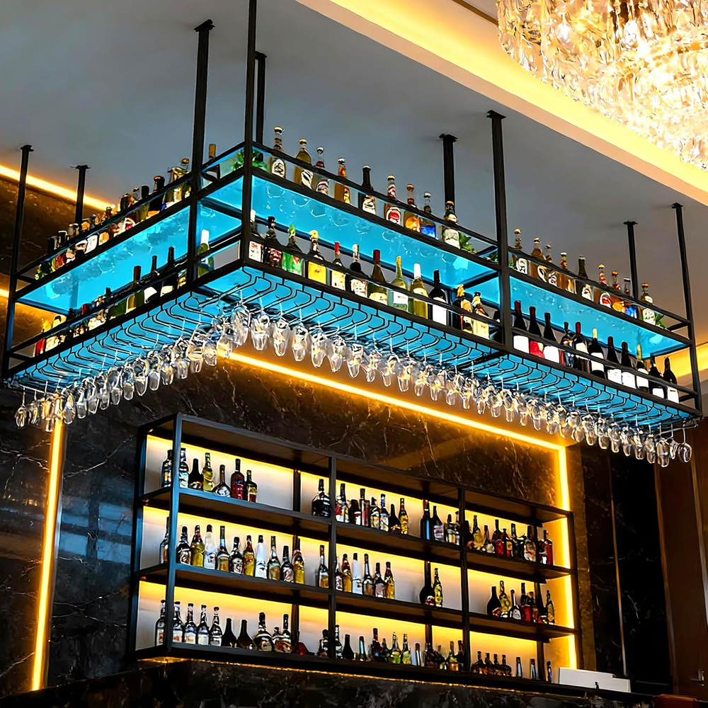 LED Acrylic Ceiling Wine Rack - 2 Layer Glass Holder Shelf