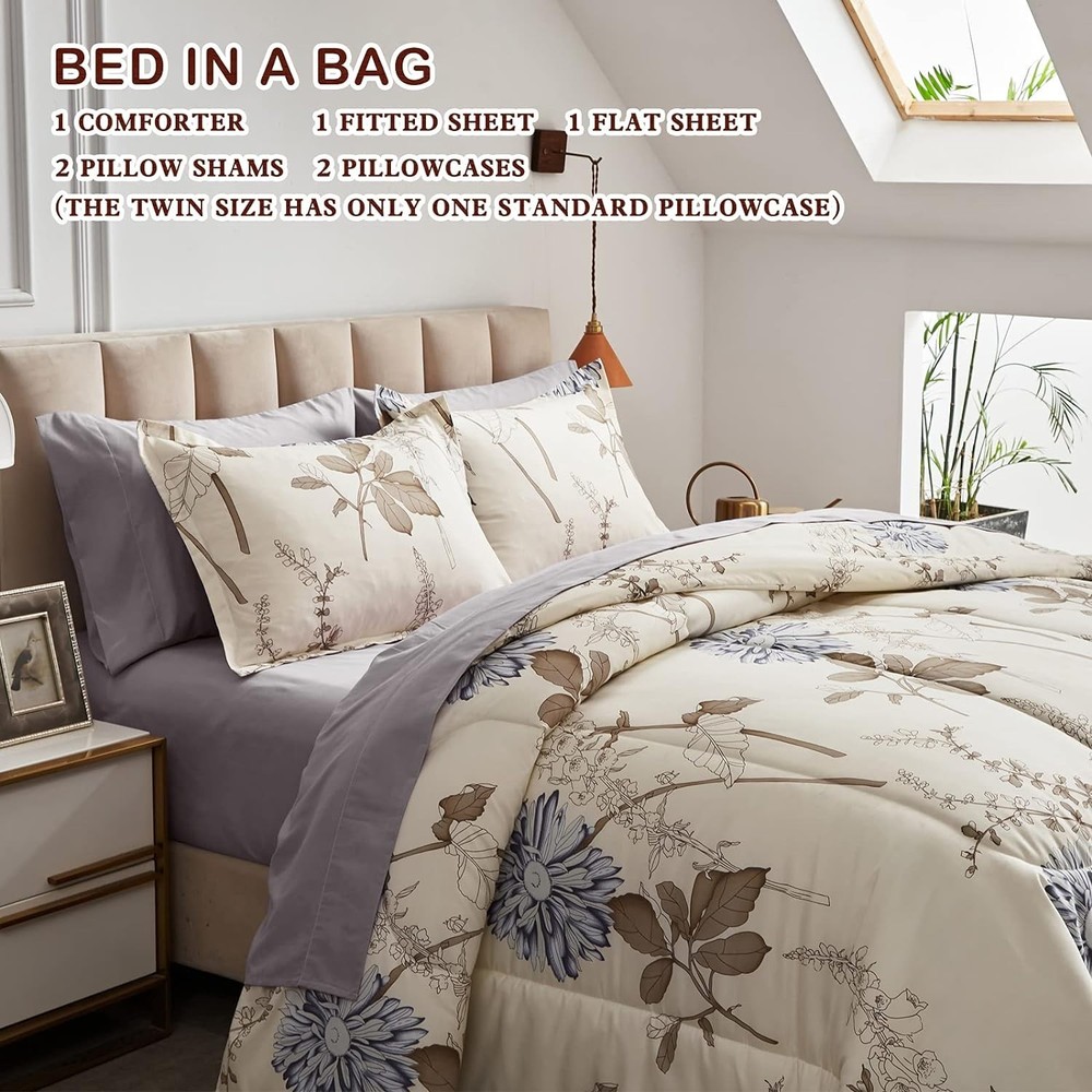 7-Piece Elegant Flower Comforter Set for Queen - Smooth Microfiber Luxury
