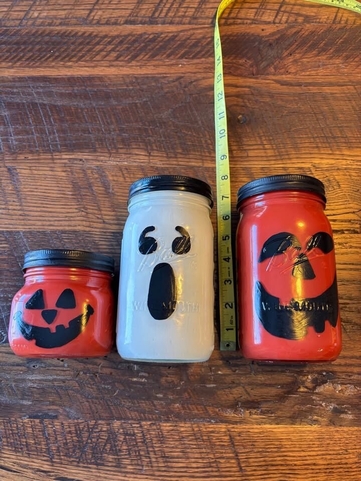 2 Pumpkins & 1 Ghost Painted Ball Jars