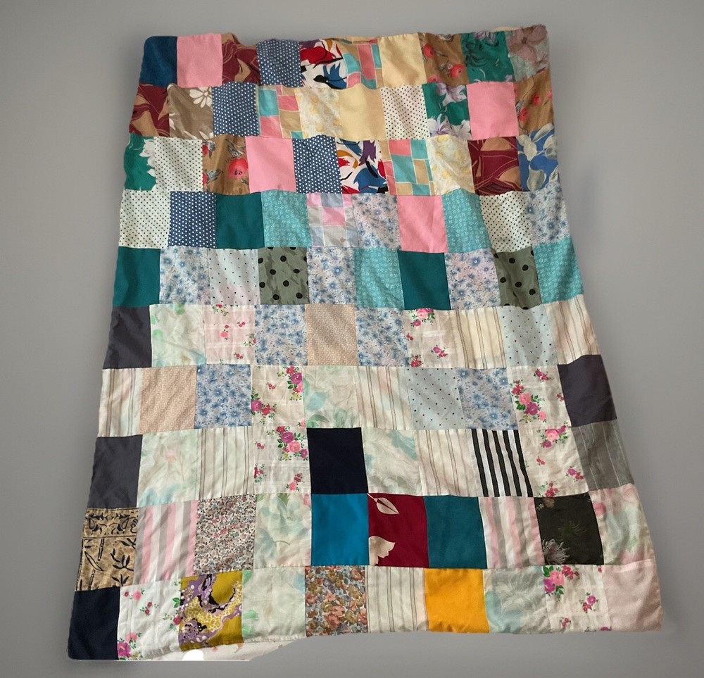 Handmade Crazy Quilt Patchwork Squares Multicolor Mixed Prints Fabrics Lap 52x40