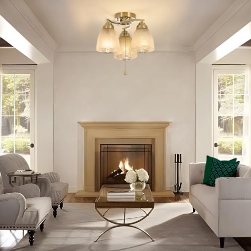 3-Light Flush Mount Ceiling Light with Pull Chain, Modern Lighting Golden
