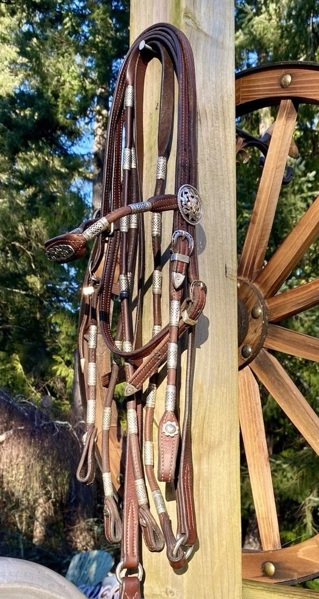 Vntg Poco Western Bridle & Romel Reins Silver Ferrule Fleming Filigree Sterling