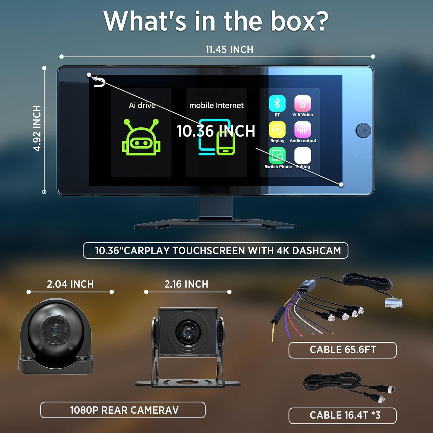 Wireless CarPlay Screen 10.36" for Car & 4K 4CH Dash Cam with Android Auto