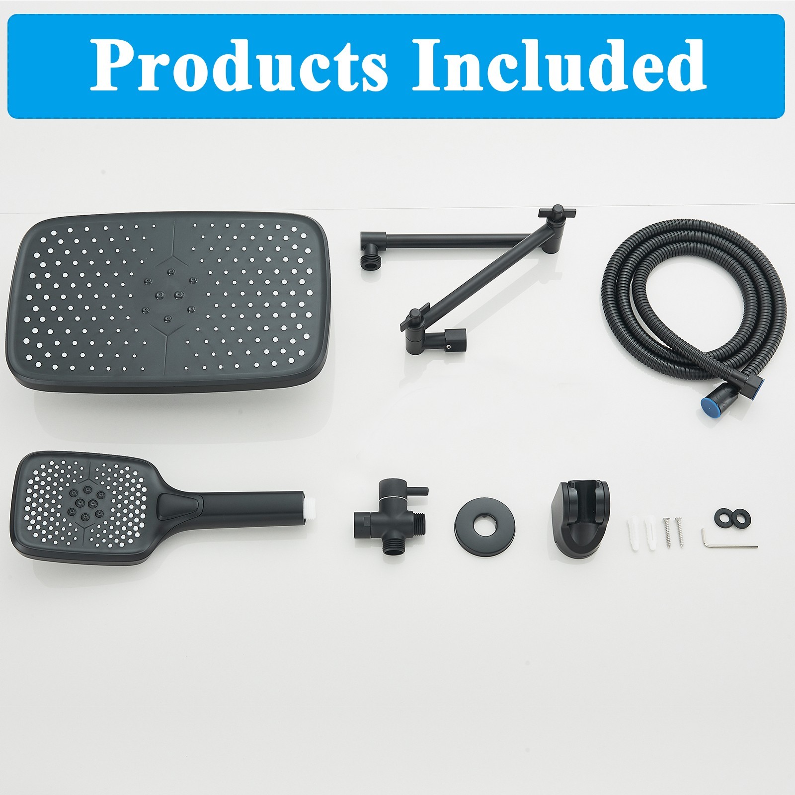 Black Rain Shower Head with Handheld Spray Set High Pressure 16" Adjustable Arm