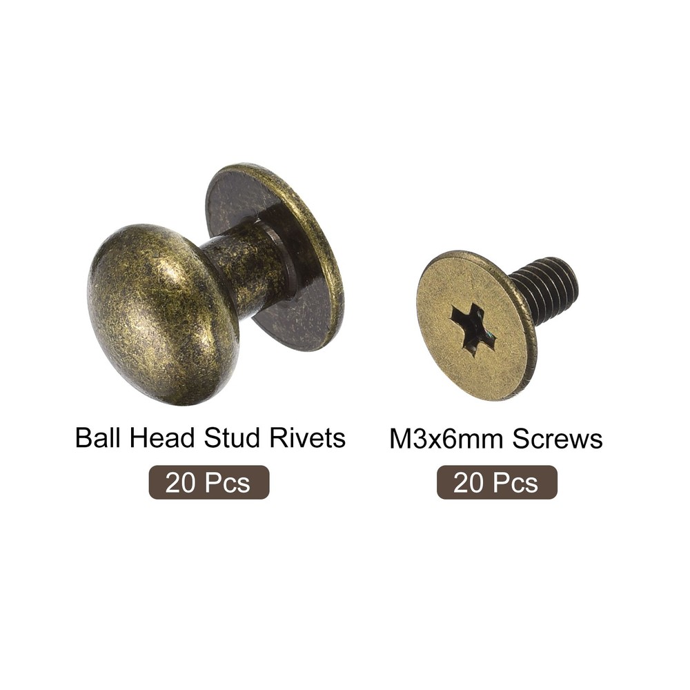 10mm Ball Head Stud Rivets Screw Back, 20Pack Round Head Button, Bronze Tone
