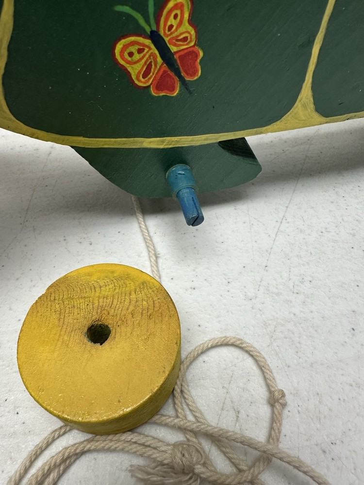Vtg Green Handpainted Turtle Pull Along Toy