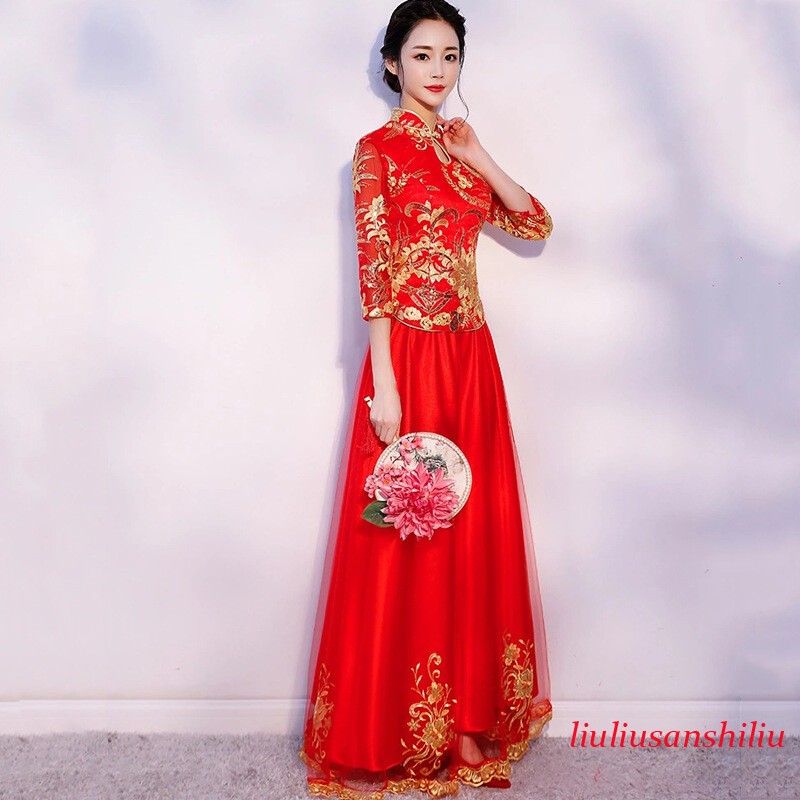 Chinese Traditional Bride Wedding Dress Set Women Red Embroidery Tops and Skirt