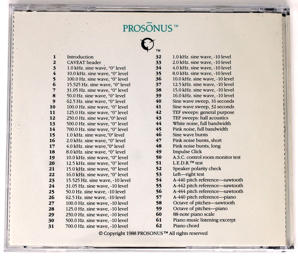 Prosonus Studio SRD Reference Disc CD 1988