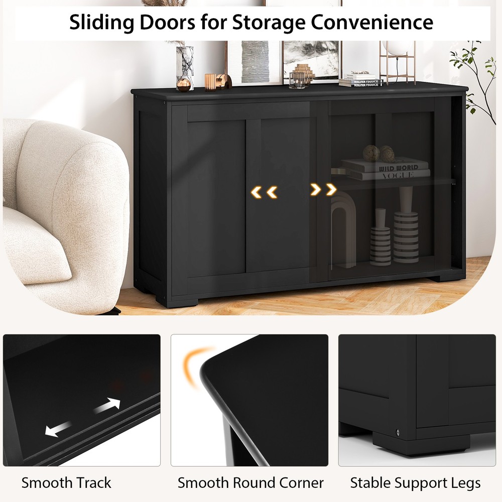 Stackable Buffet Sideboard Set of 2 w/ Sliding Doors & Adjustable Shelf Black