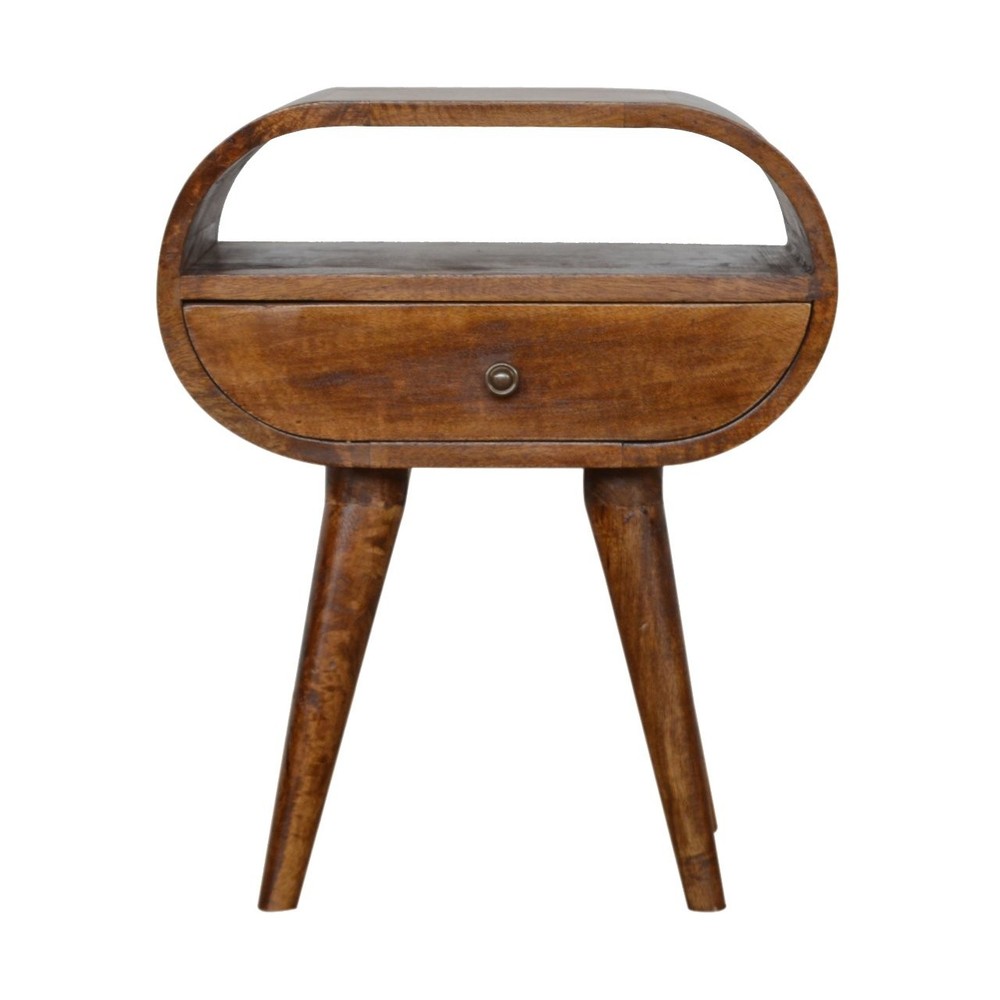 Chestnut Solid Wood Nightstand, Circular Open Bedside Table, 1 Drawer, Mango