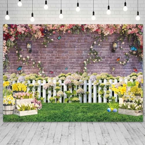7x5ft Spring Backdrop for Photography Flower Fence Pink Brick Wall 7’x5‘
