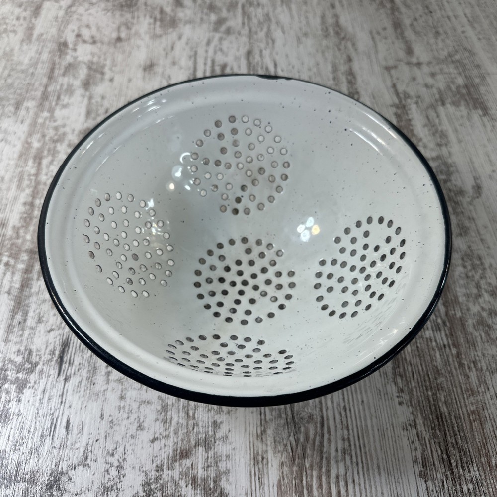 Vintage White Enamelware Colander Strainer 9.5”