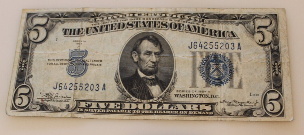 1934 A $5 SILVER CERTIFICATE *BLUE SEAL* CIRCULATED