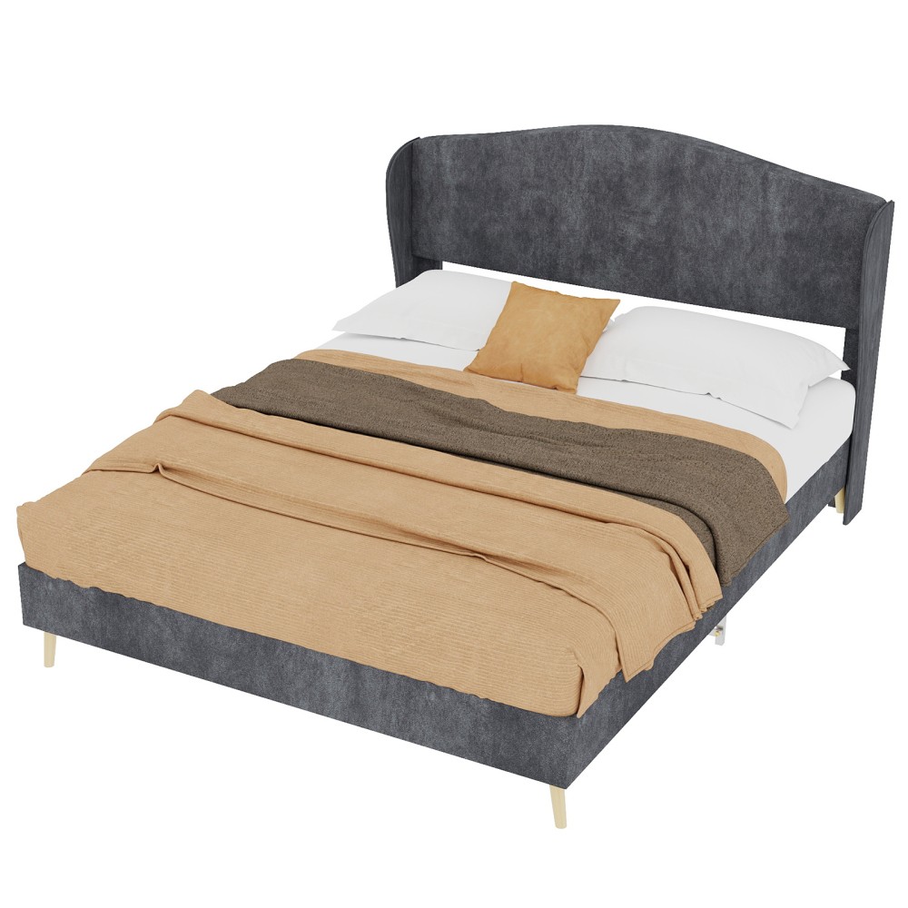 Platform Queen Bed Frame with Velvet Tufted Headboard, Supportive, Beige