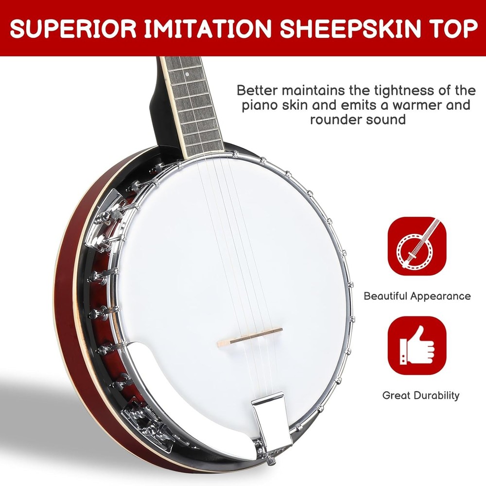 5 String Banjo Set,Full-Size Right Handed Closed Solid Sapele Back&Mahogany Neck