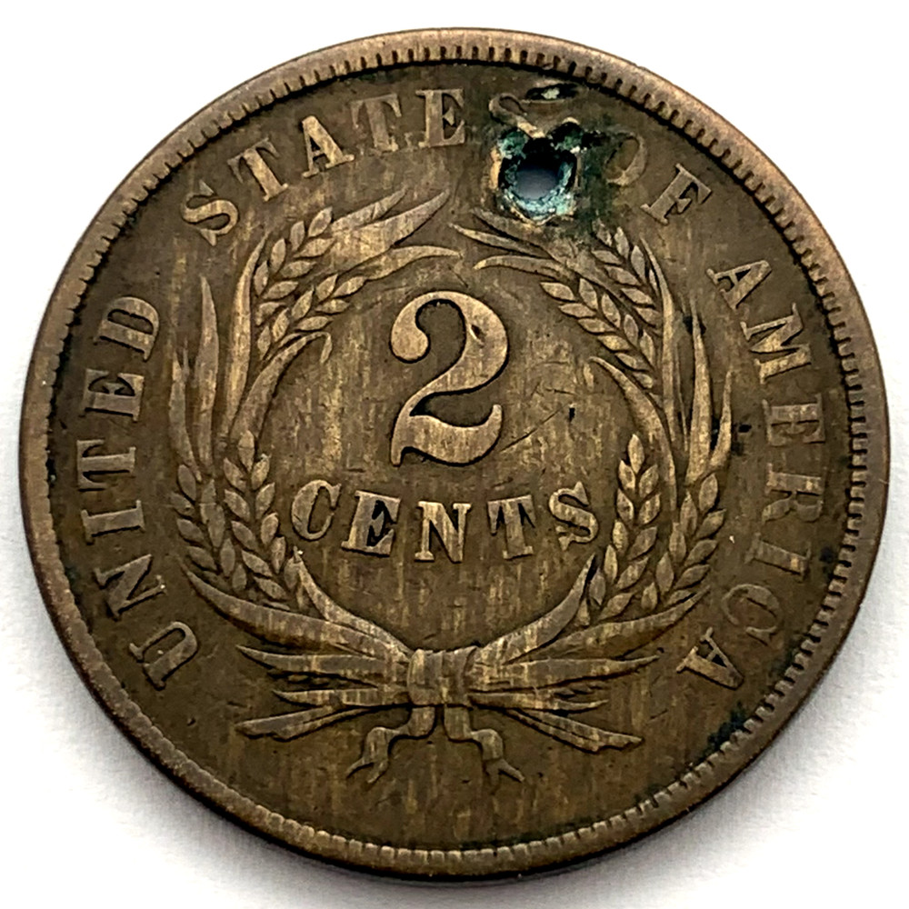 1864 Large Motto 2C Two Cent Piece: Holed