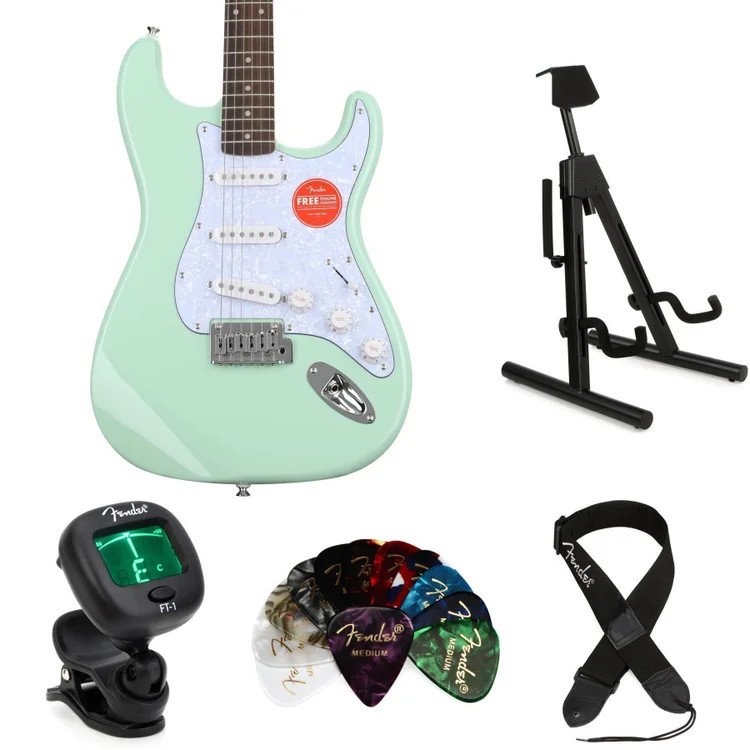 Squier Affinity Series Stratocaster Essentials Bundle - Surf Green with White