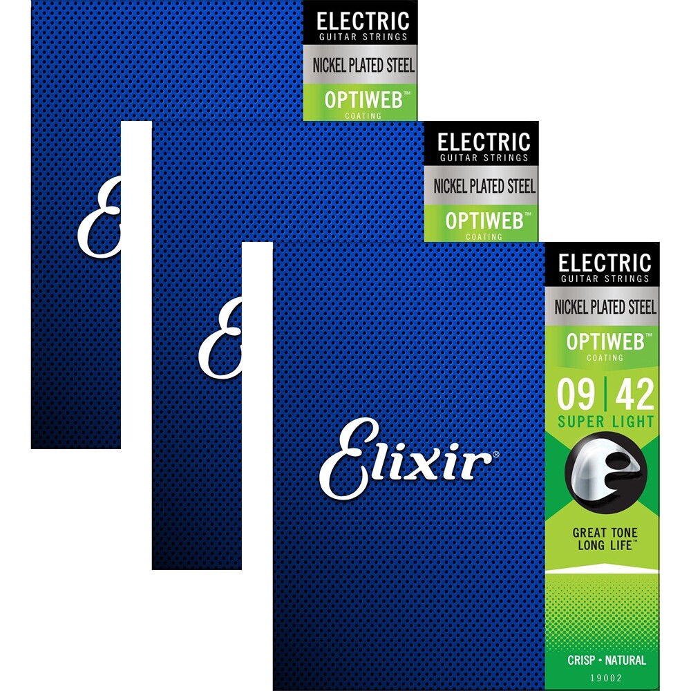 3 Sets Elixir 19002 Electric Guitar Strings w/ OPTIWEB Coating, Super Light 9-42
