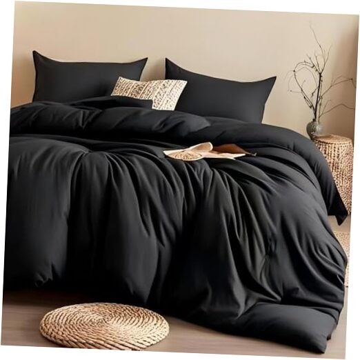 3PCS Black Comforter Set with 2 Pillowcases, Brushed Queen Solid Black