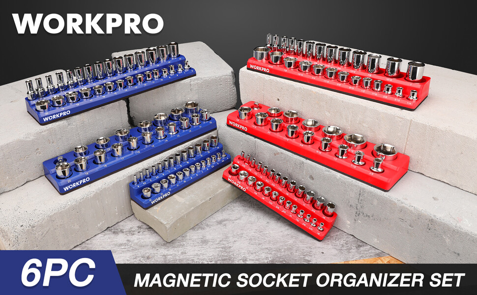 WORKPRO Magnetic Socket Organizer 6-PACK Set 1/4'' 3/8'' 1/2'' Dr Metric SAE