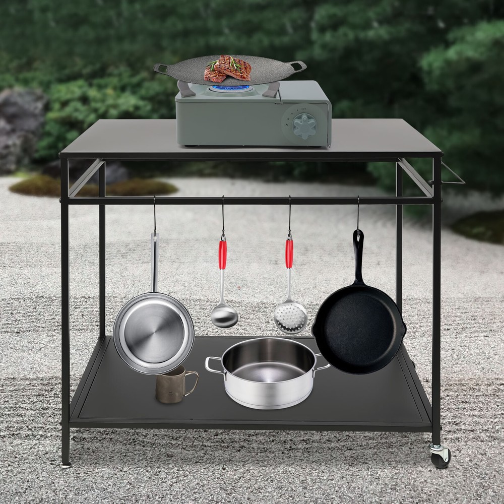 Kitchen BBQ Food Prep Work Cart Table Stand Mobile Storage Rack Grid Panel 2Tier