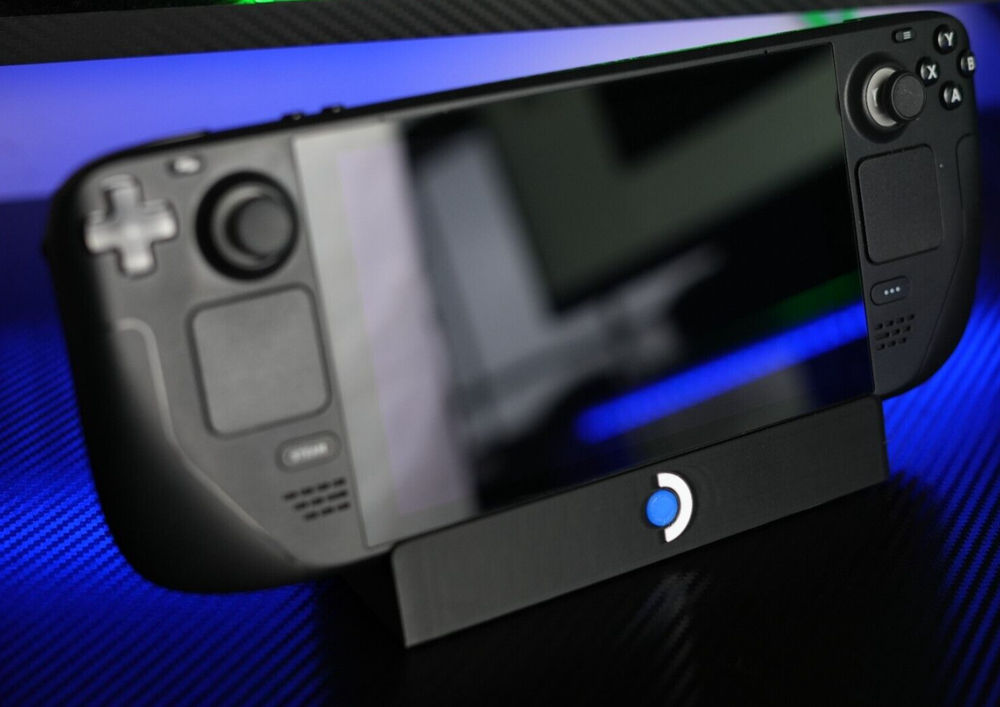 Steam Deck Desk Stand 3D Printed with Blue logo