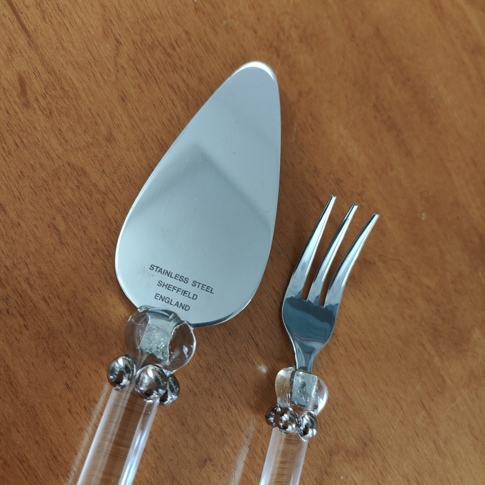 2 SHEFFIELD ENGLAND CLEAR GLASS & SILVER COLOR HANDLE CHEESE SERVER & FORK