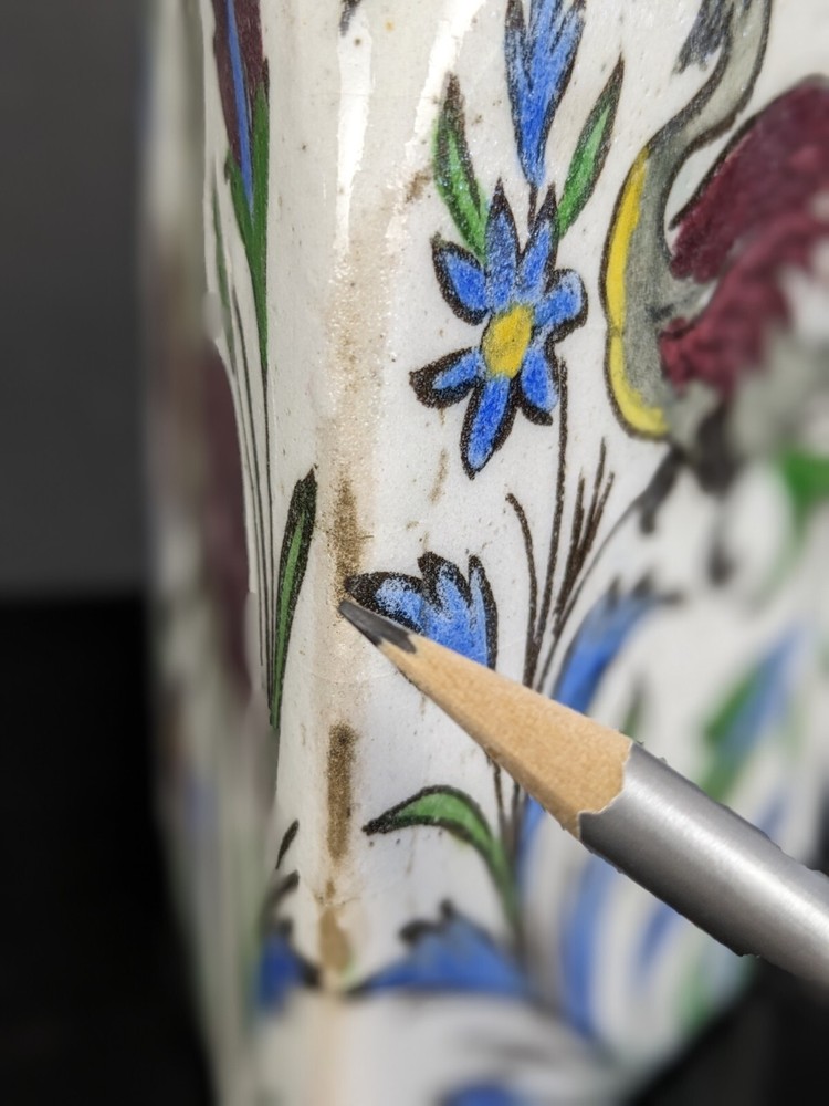 Antique Persian Qujar Pottery Bottle Tea Flask Floral Bird Pattern Triangular