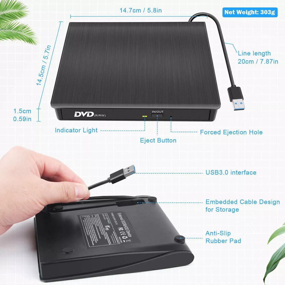 Slim External CD/DVD ROM Drive USB 3.0 Player Reader for Laptop PC Mac HP