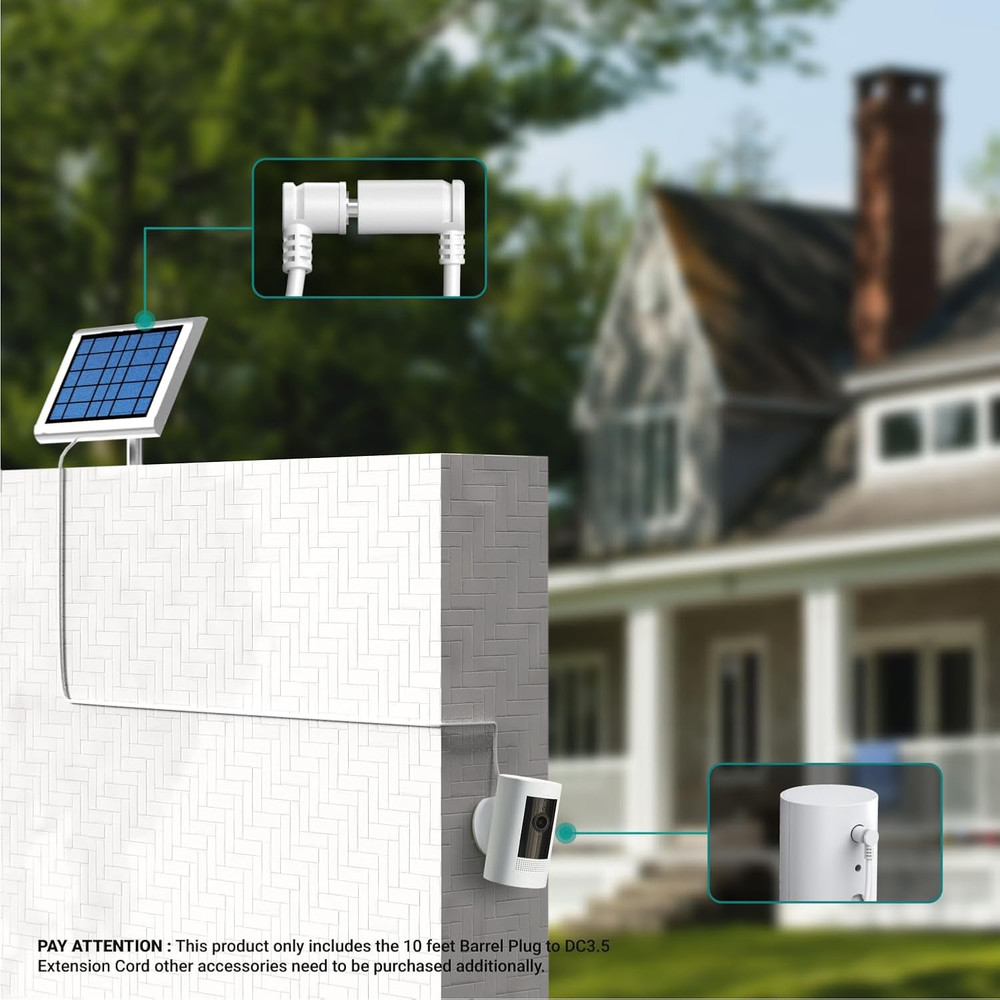 10 Ft. Barrel Plug Extension Cable - Compatible with Ring Solar Panel and Super