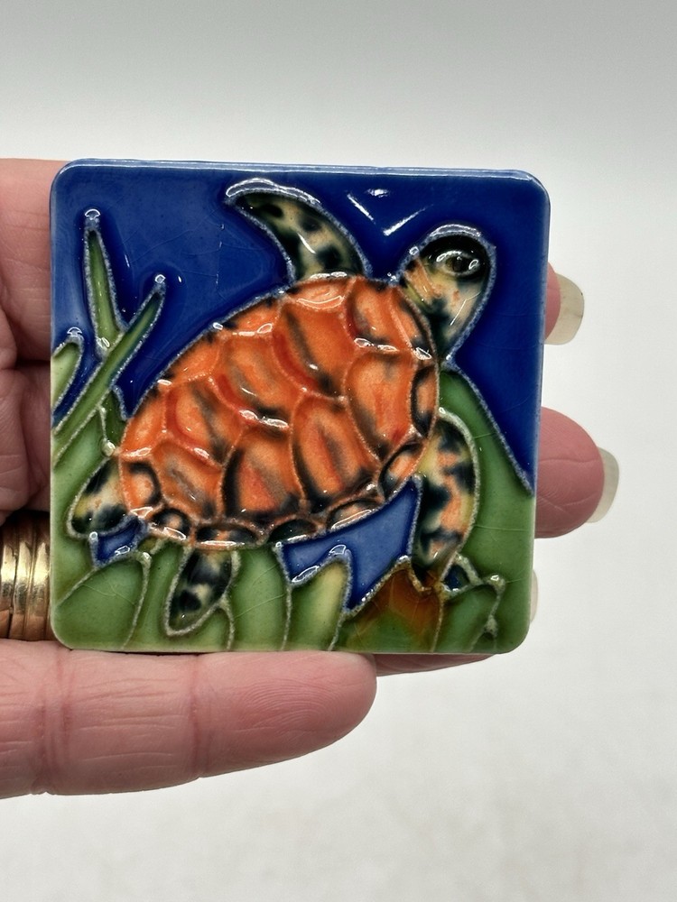 Sea Turtle Tile Magnet 2 3/8” Square Hand Painted