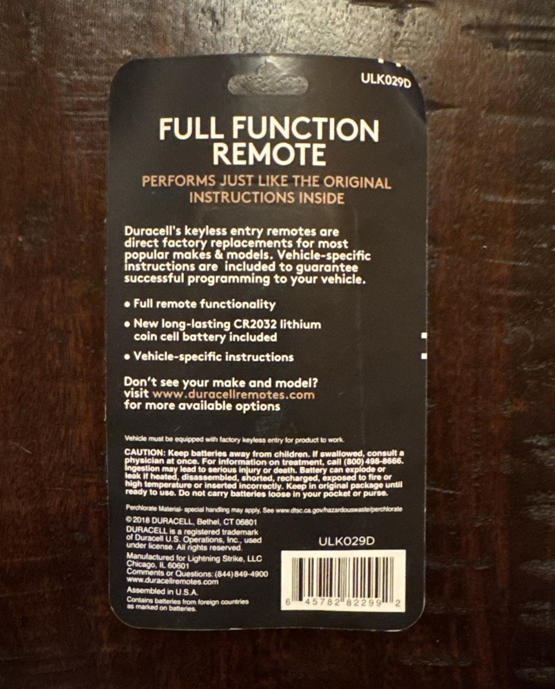 New Duracell Keyless Entry Full Function Remote for GM Vehicles ULK029D