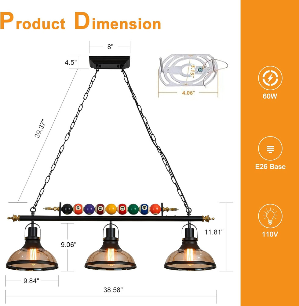 7'-8' Hanging Pool Table Light Billiard Pendant Light Adjustable Light, Retro Is