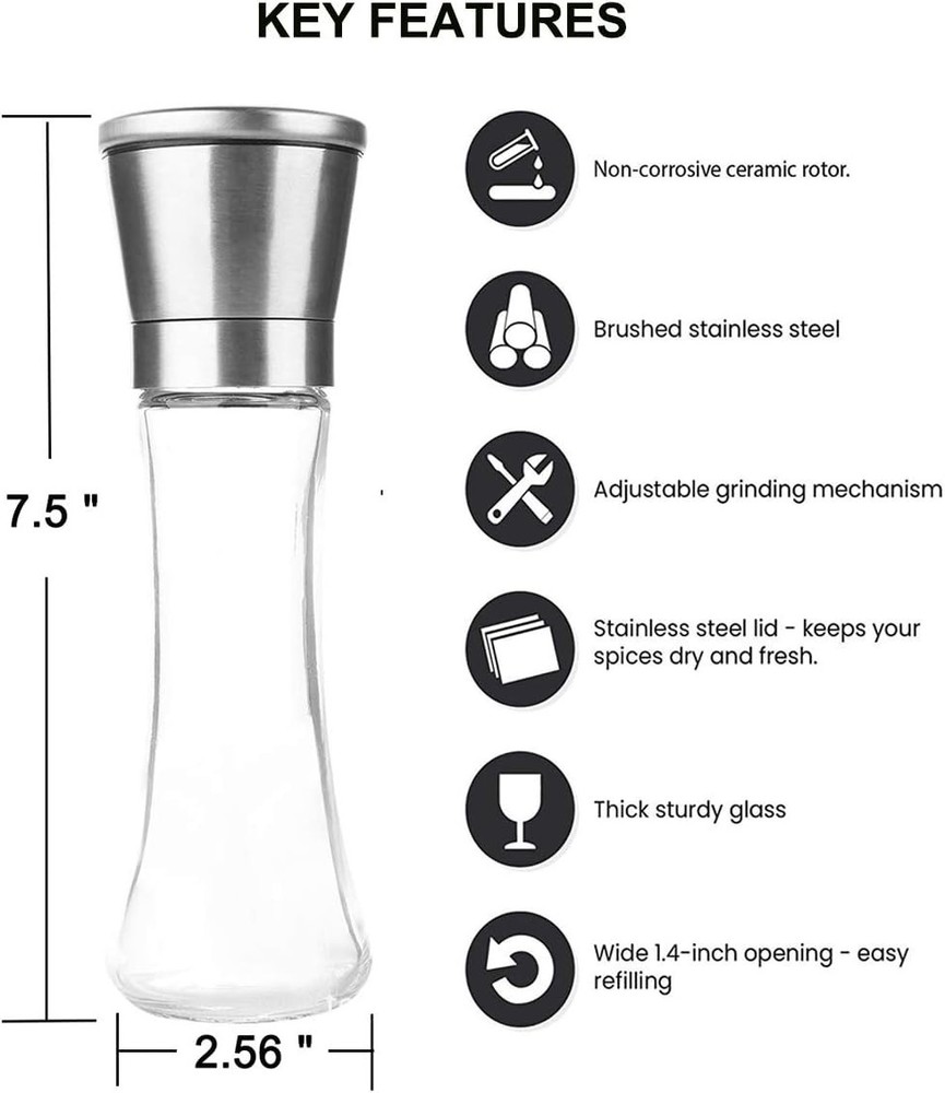 Salt and Pepper Grinder Set - 2 Pack - Refillable Pepper Mill Salt Grinder