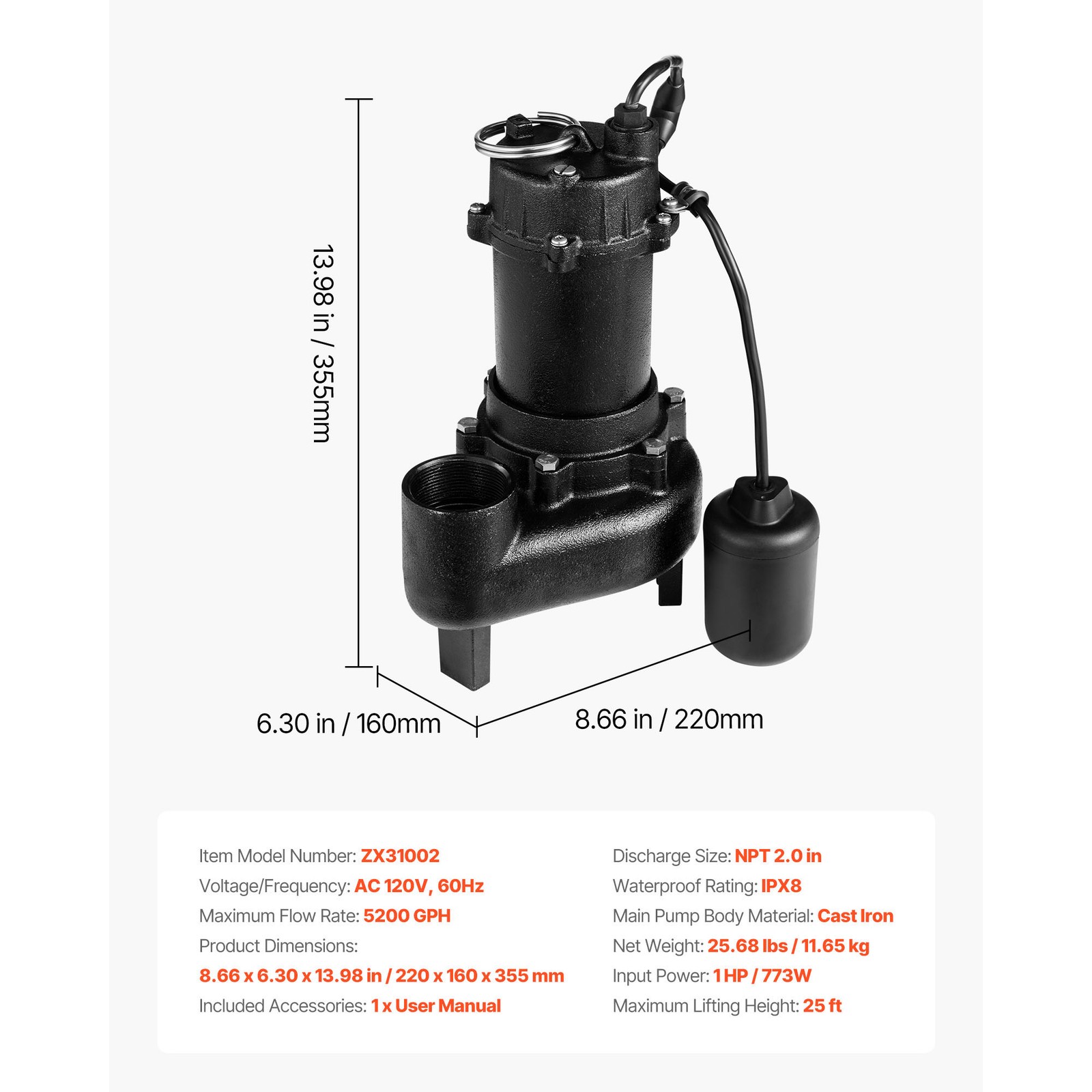 Uimoso 1 HP Submersible Sewage Pump, Cast Iron, 5200 GPH, 25 ft