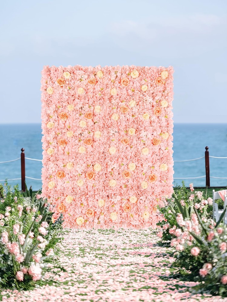 Artificial Flower Wall 5ftx3.74ft Peach Floral Backdrop Wedding Wall Panel Fa...