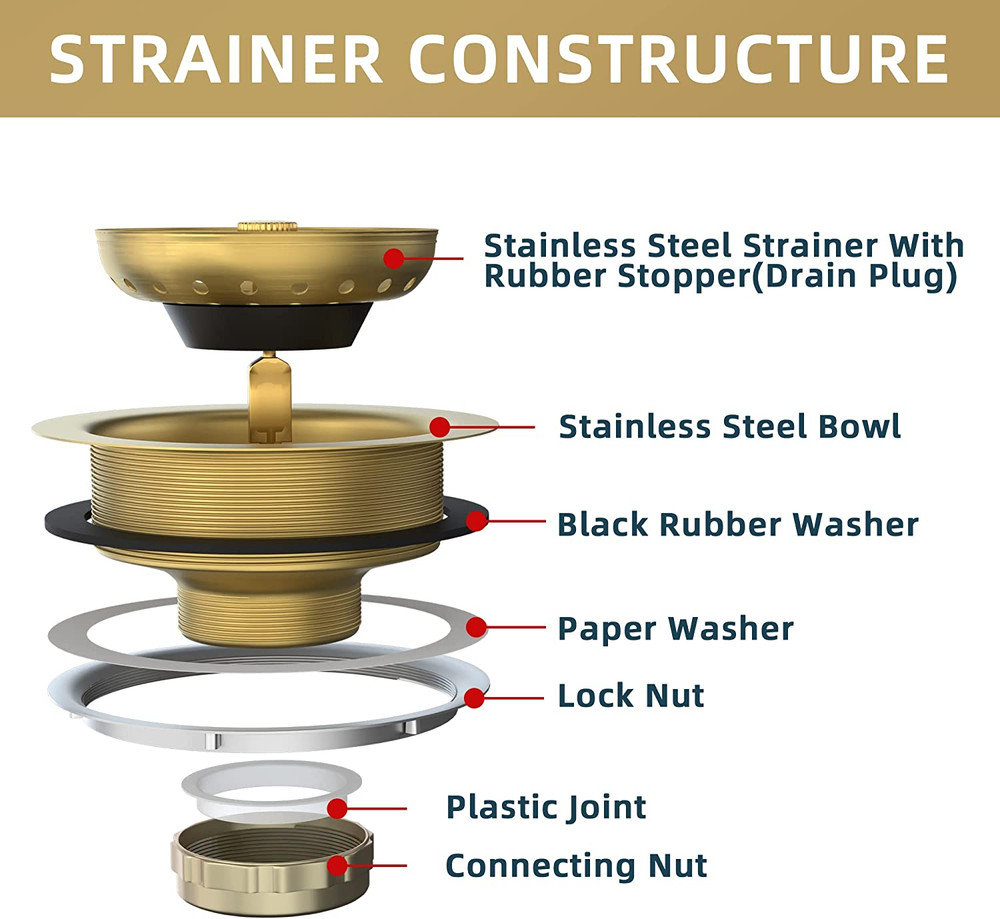 Kitchen Sink Drain Assembly Gold Sink Drain Strainer with Fixed Post 3-1/2 Inch