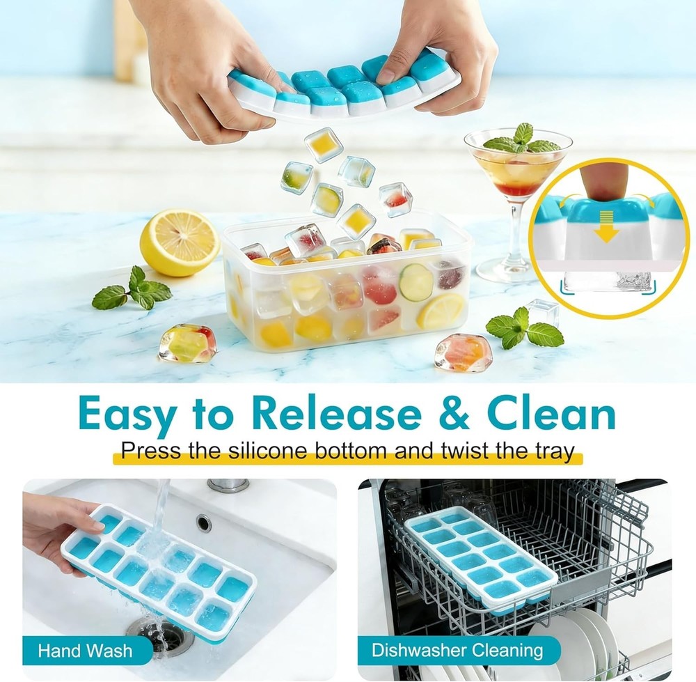 NFK Ice Cube Tray with Lid & Bin - 4 Pack Stackable Silicone Trays for Freezer w