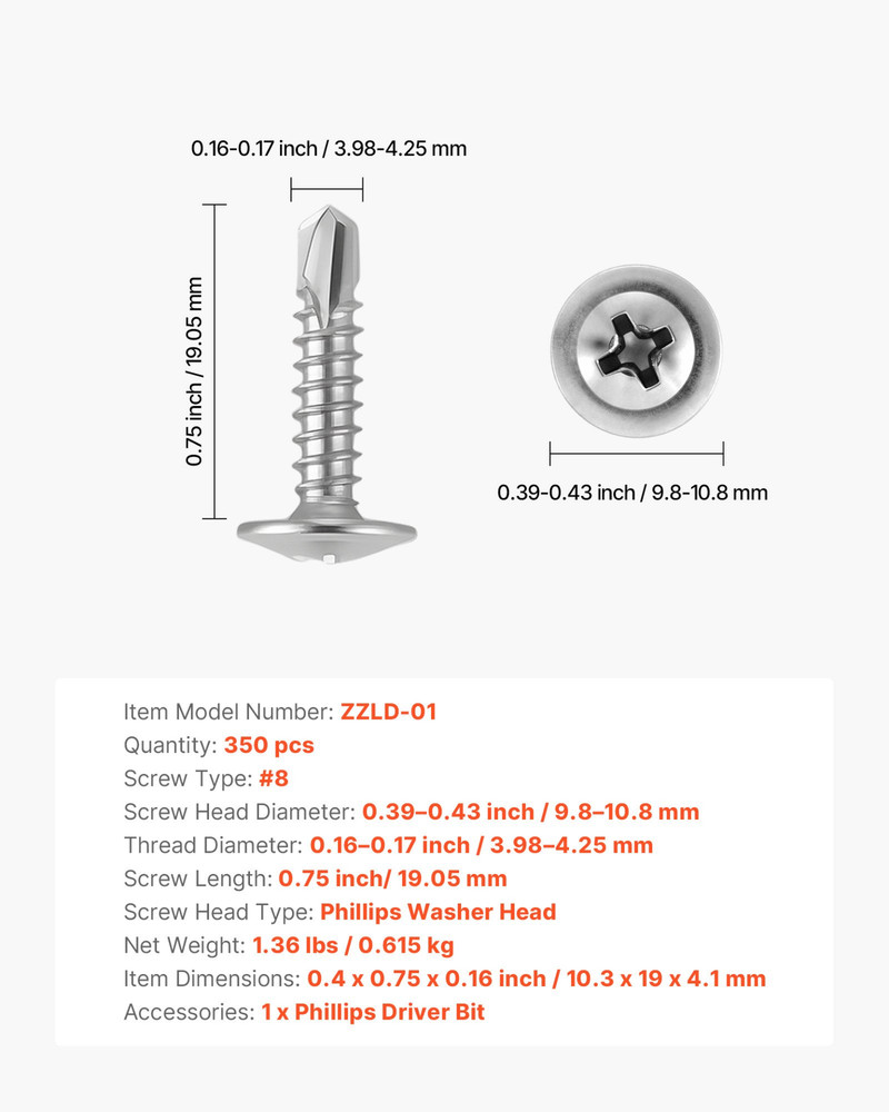 #8 Self Drilling Wood Screws, Silver