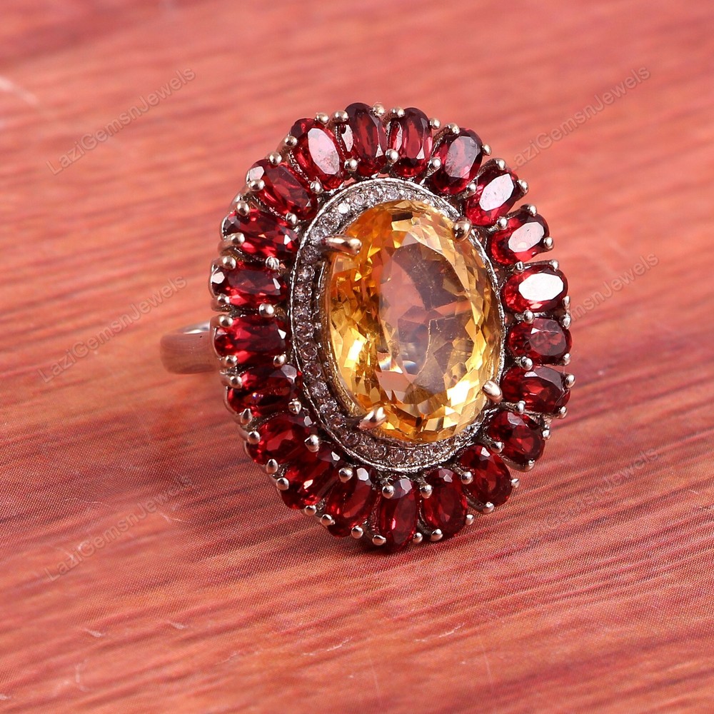 Citrine Garnet Ring Dainty Cluster Statement 925 Sterling Silver