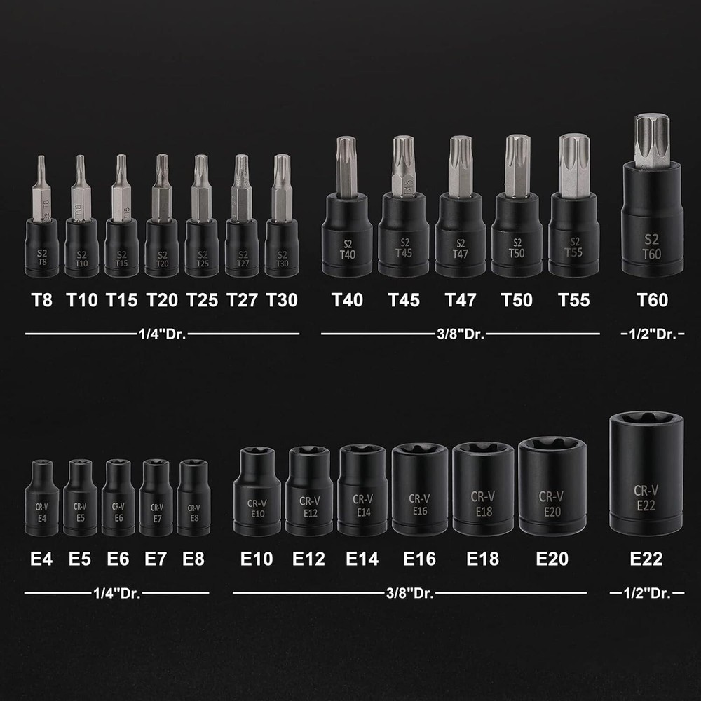 25PCS Torx Bit Socket Set-Torx and External Socket Set 1/4 3/8 and 1/2 Drive NEW