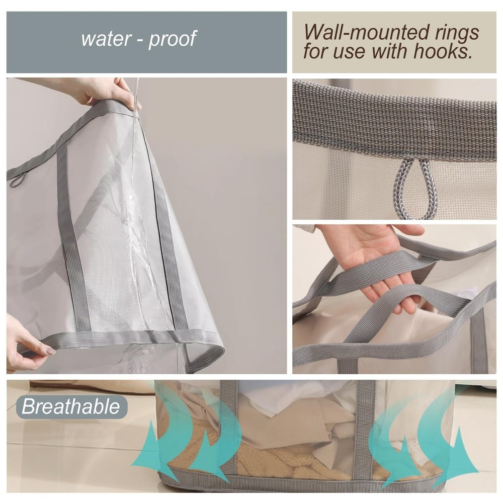 Mesh Bag with Handles, Collapsible Laundry Basket, Foldable Laundry Bag, Brea...