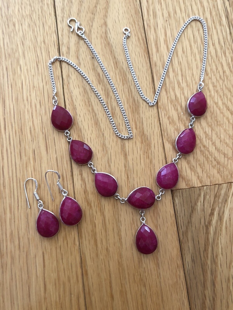 Red Simulated Ruby Necklace Faceted with Earrings Artisan Made
