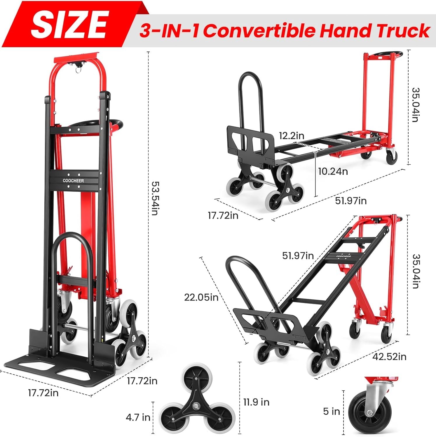 1000Lbs Stair Climbing Cart 4-in-1 Heavy Duty Folding Hand Truck Dolly w/Wheels
