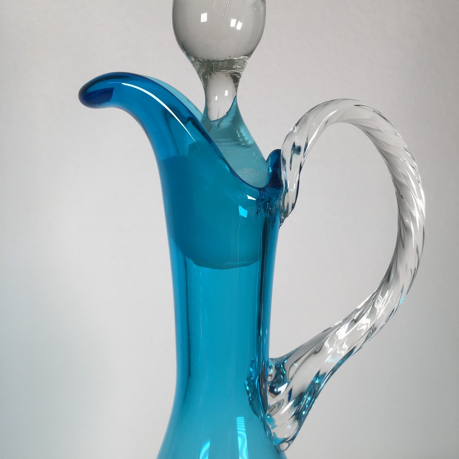 Vintage MCM Empoli Turquoise Glass Decanter w/Clear Flame Glass Stopper 20"